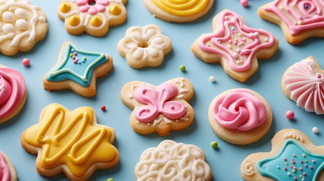  a close up of a bunch of cookies on a table with icing and sprinkles on the top of the cookies and on the bottom of the cookies.