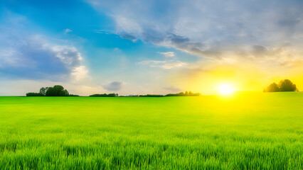 Obraz premium Sunset over green field landscape. Beautiful natural agricultural in the summertime 32.