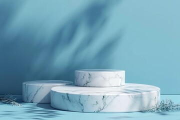 Blue background with white marble podium, 3d render. generative ai.