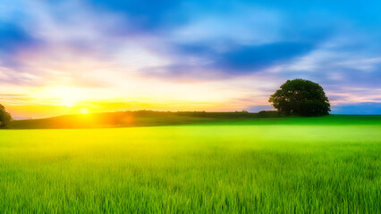 Sunset over green field landscape. Beautiful natural agricultural in the summertime 18.