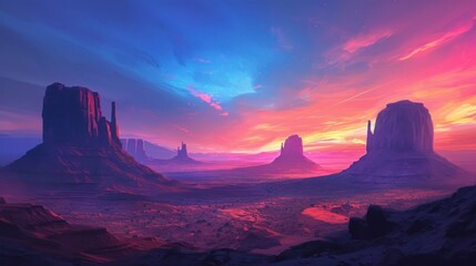 Naklejka premium a painting of a sunset in a desert with mountains and a body of water in the foreground and a red and blue sky in the middle of the background.