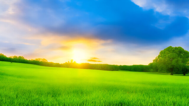 Sunset over green field landscape. Beautiful natural agricultural in the summertime 20.
