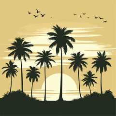Vector coconut tree with sunset view. Simple flat design