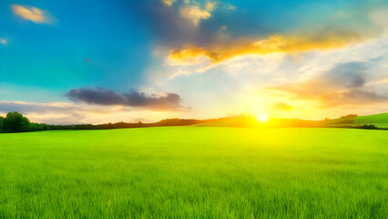 Sunset over green field landscape. Beautiful natural agricultural in the summertime 4.