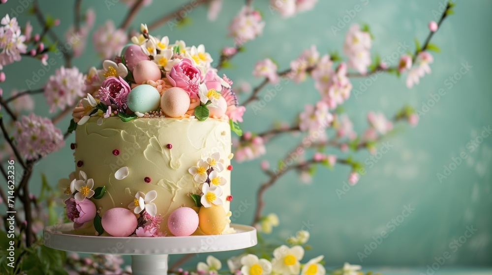 Poster a close up of a cake on a cake plate with flowers and eggs on the top of the cake and a branch with 