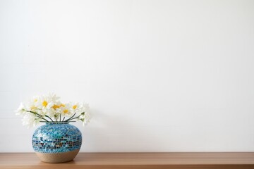 Interior home design of modern living room with flowers in a mosaic vase on the floor with white wall copy space