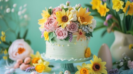  a close up of a cake on a table with flowers in the middle of the cake and on the table is eggs and flowers in the middle of the cake.