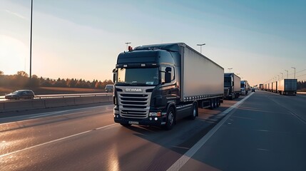 A convoy of autonomous trucks seamlessly transporting goods across vast highways, optimizing efficiency in logistics. 