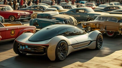 A futuristic self-driving car parked amidst a sea of classic vehicles, illustrating the coexistence...