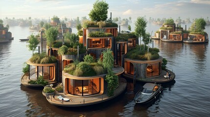 A floating city on the water, composed of modular and sustainable houseboats, creating a unique and...