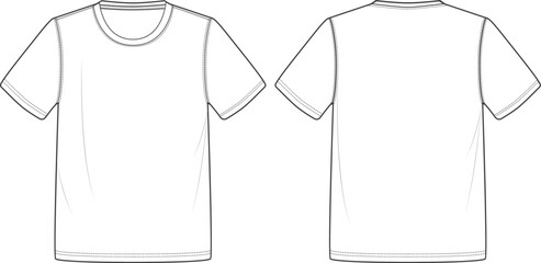 Short sleeve Crew neck T Shirt flat sketch fashion illustration drawing template. - obrazy, fototapety, plakaty
