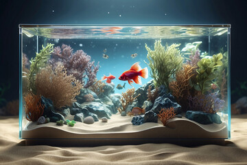 square glass aquarium and fish life - obrazy, fototapety, plakaty