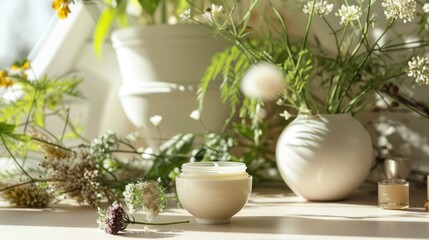 a jar of cream sitting on a table next to a vase filled with flowers and a candle next to a potted plant on the side of a window sill.