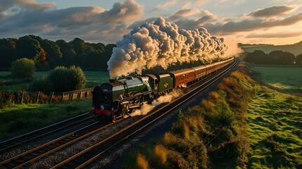 Vintage steam locomotives racing across expansive landscapes, trailing a plume of nostalgia through the countryside. 
