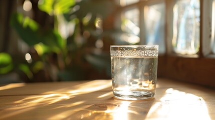  a glass of water sitting on top of a wooden table next to a potted plant on a window sill with the sun shining on the window sill.