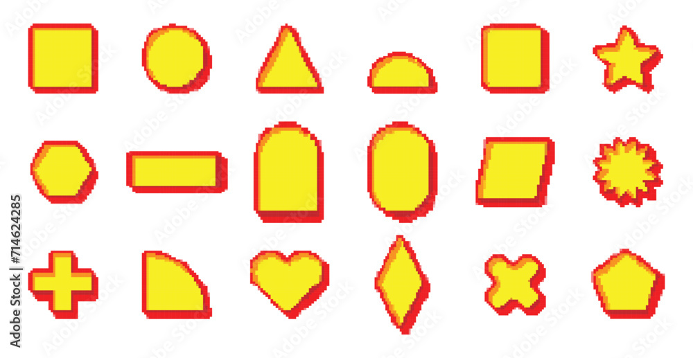 Poster 3d pixel basic element shape, retro game style. basic geometric shapes in pixelated 8 bit design, ve