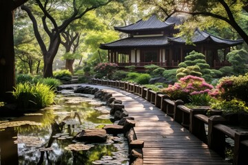 Obraz premium Tranquil meditation gardens, where one can find inner peace and harmony - Generative AI