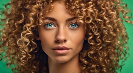 portrait of a fashion woman, curly hairs of a woman, portrait of a pretty young fashion model, pretty fashion girl in studio, curly haired woman