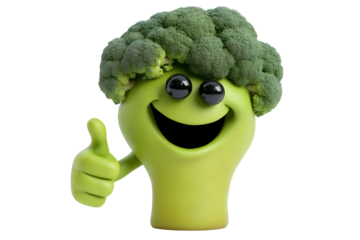 smiling broccoli thumbs up isolated on transparent background