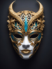 Gold and blue ornate mask with horns