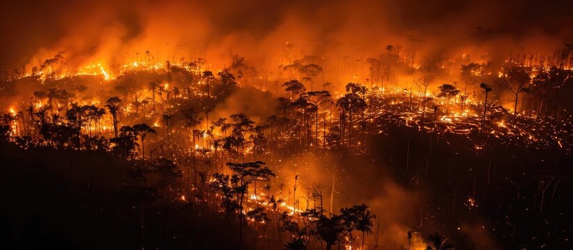 Nighttime fire in Amazon mountains devastates forest.