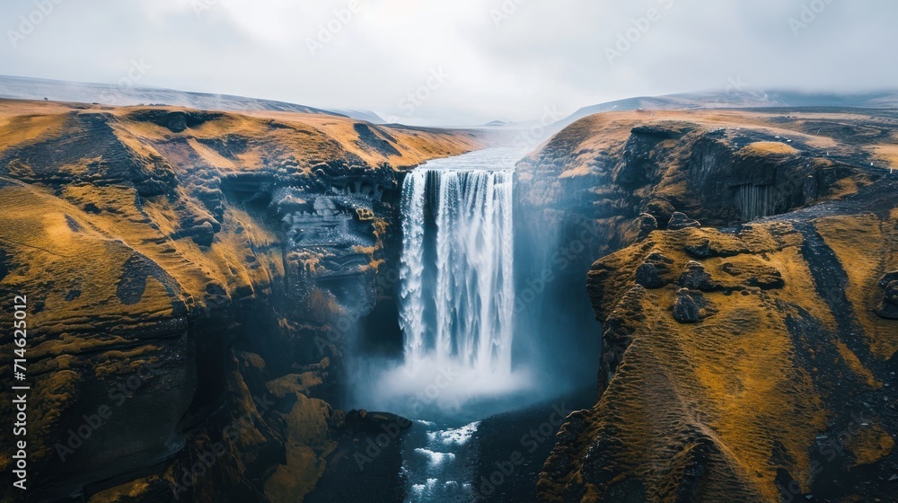 Poster an aerial view of a waterfall in the middle of a rocky area with a river running through the middle 