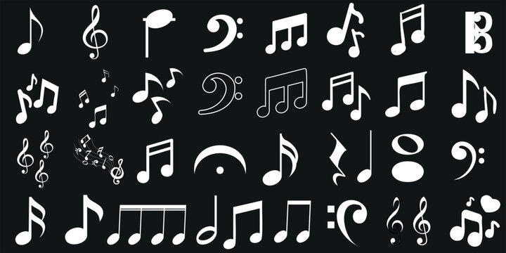 Musical notes vector icons, white on black. Ideal for music sheets, educational content, artistic projects. Editable, scalable, customizable. Includes quarter, eighth notes, treble, bass clefs, flat, 