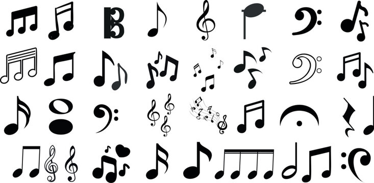 Vector of musical notes, black icons isolated on white. Perfect for music sheets, compositions, symphony, melody representation. Editable, scalable symbols for digital, print use