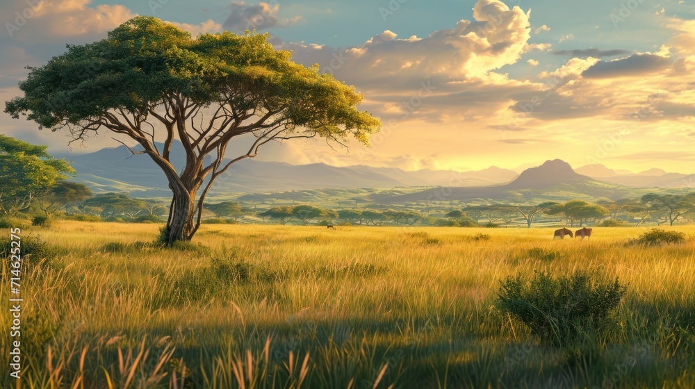 Poster a painting of a grassy field with a tree in the foreground and a mountain range in the distance in t
