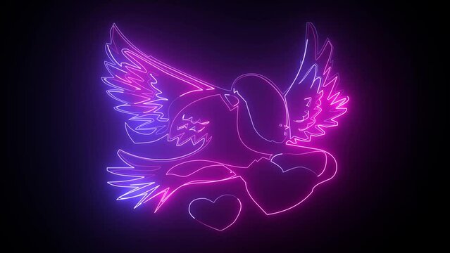 Shining neon heart shape with lovely bird sign. Abstract background with bright pink neon heart shape.