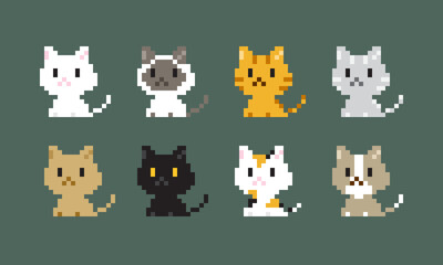 A set of pixel art of cat. Pixel cat. Cat illustration.