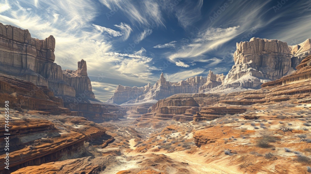 Poster a computer generated image of a canyon with mountains and rocks in the background and a blue sky wit