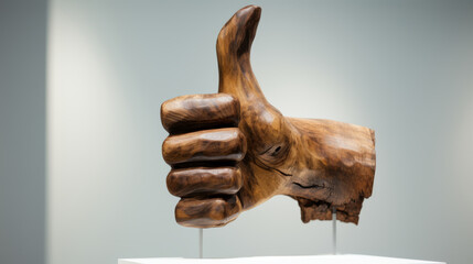 Sculpture of the Hand made of wood shows a thumb up. The hand shows like in the museum. Modern art object
