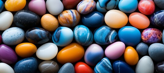 Vibrant close up of smooth textured beach pebbles in radiant sunlight