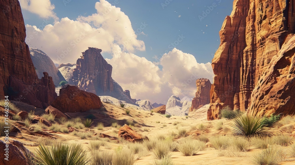 Poster a painting of a desert landscape with mountains in the background and clouds in the sky over the top