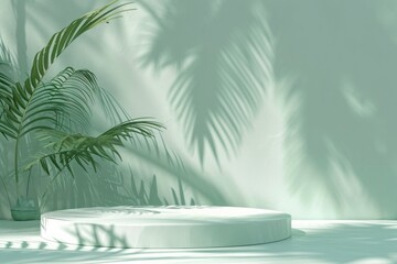 Fototapeta na wymiar Abstract light green background with podium and tropical palm leaves with shadows
