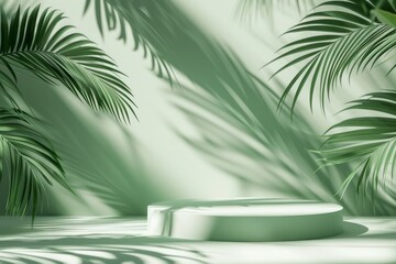 Fototapeta na wymiar Abstract light green background with podium and tropical palm leaves with shadows