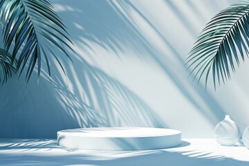 Fototapeta na wymiar Abstract blue background with white podium and tropical palm leaves with shadows