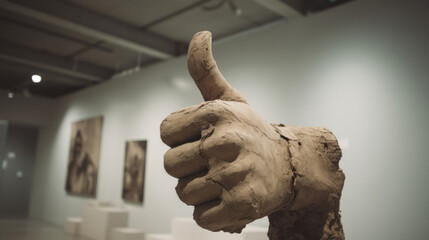 Sculpture of the Hand made of concrete shows a thumb up. The hand shows like in the museum. Modern art object