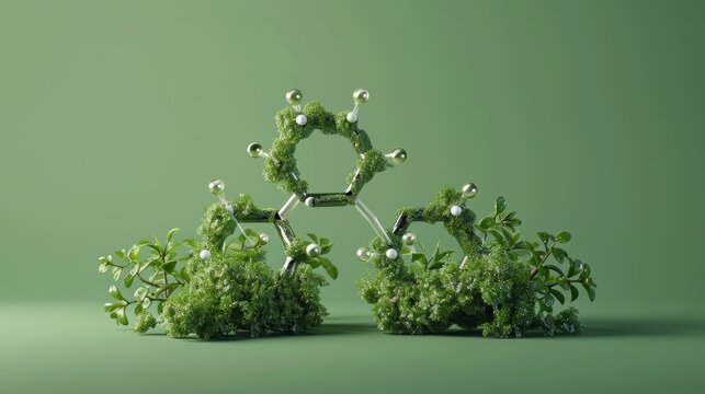 3d H2 formula covered by plants over green background