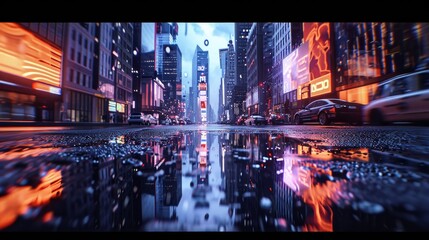 3D Rendering of neon mega city with light reflection from puddles on street heading toward buildings. Concept for night life, business district center (CBD)Cyber punk theme, tech background - obrazy, fototapety, plakaty