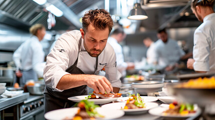 Male chef meticulously plating a gourmet dish in a busy commercial kitchen
