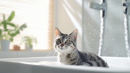 Woman shampooing tabby cat in grooming salon, funny wet cat bathed by girl - obrazy, fototapety, plakaty