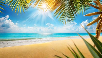 Fototapeta na wymiar summer background with frame nature of tropical golden beach with rays of sun light and leaf palm golden sand beach close up sea blue sky white clouds copy space summer vacation concept