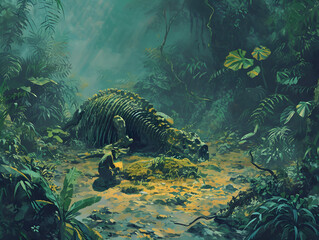 Dreamlike Dinosaur Skeleton Amidst Lush Jungle Flora, Realistic Artistic Depiction with Vibrant Colors - Concept of Prehistoric Life, Natural History, and Paleontology Mystique