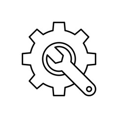 Gear with wrench icon, Maintenance service tool symbol, Setting and repair sign, Line design, Isolated on white background, Vector illustration