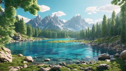 photo of a lake view with clear blue water in the middle of the forest made by AI generative