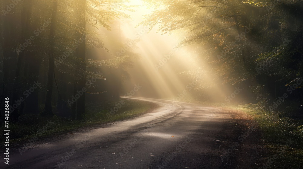 Poster a road in the middle of a forest with sunbeams shining through the trees on either side of the road 