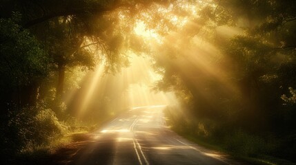  the sun shines through the trees on a road in the middle of a forest with a long line of trees on either side of the road and the road.