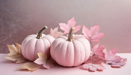 Obraz na płótnie Canvas pink pastel pumpkins with fall leaves on soft colored ground with space for text soft pink fall background